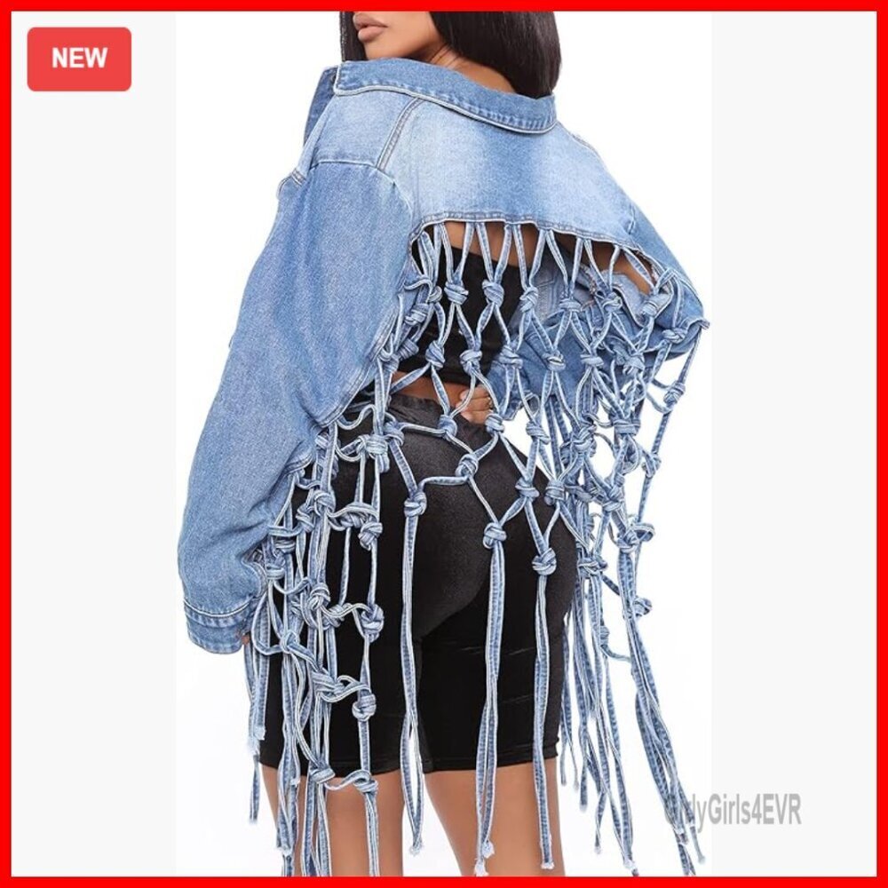 Cropped Denim Jacket with Fringe Distressed Back Knot Loose Fit